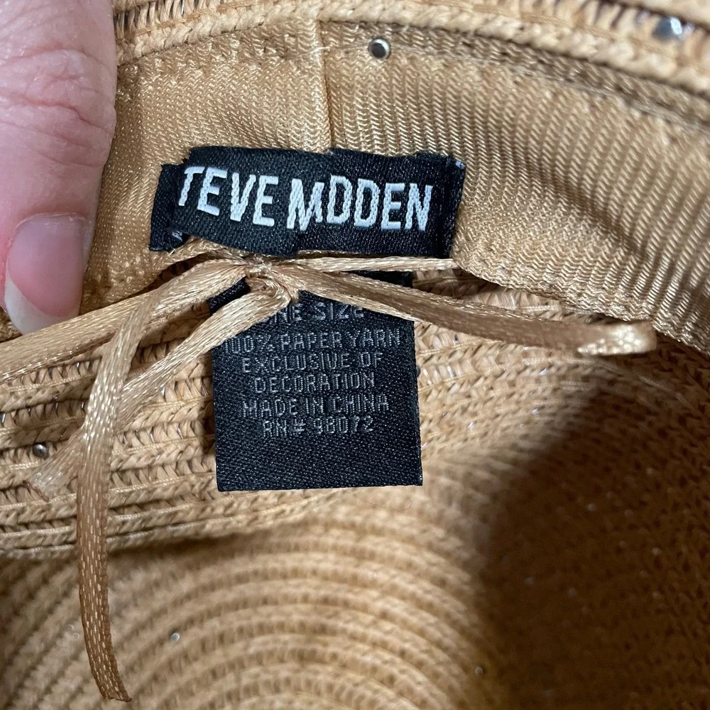 Steve Madden Straw Fedora Sun Hat Pearl & Stud Embellished Tan Beach Vacation